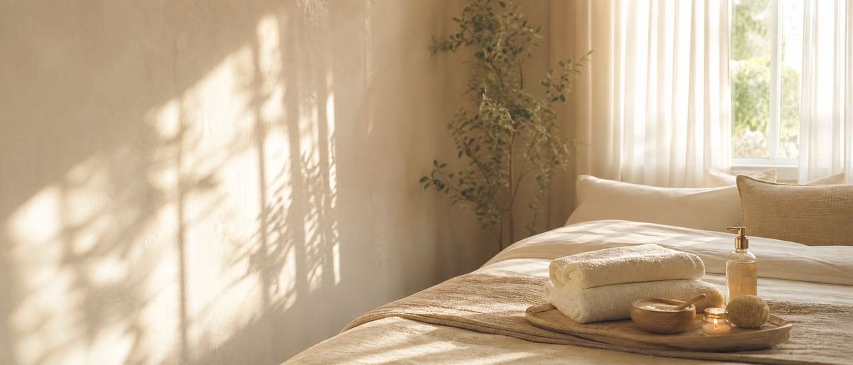 A sunlit bedroom set up for an at-home treatment